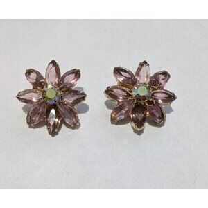 Vintage Flower Clip-On Earrings Purple Rhinestones Aurora Borealis Center